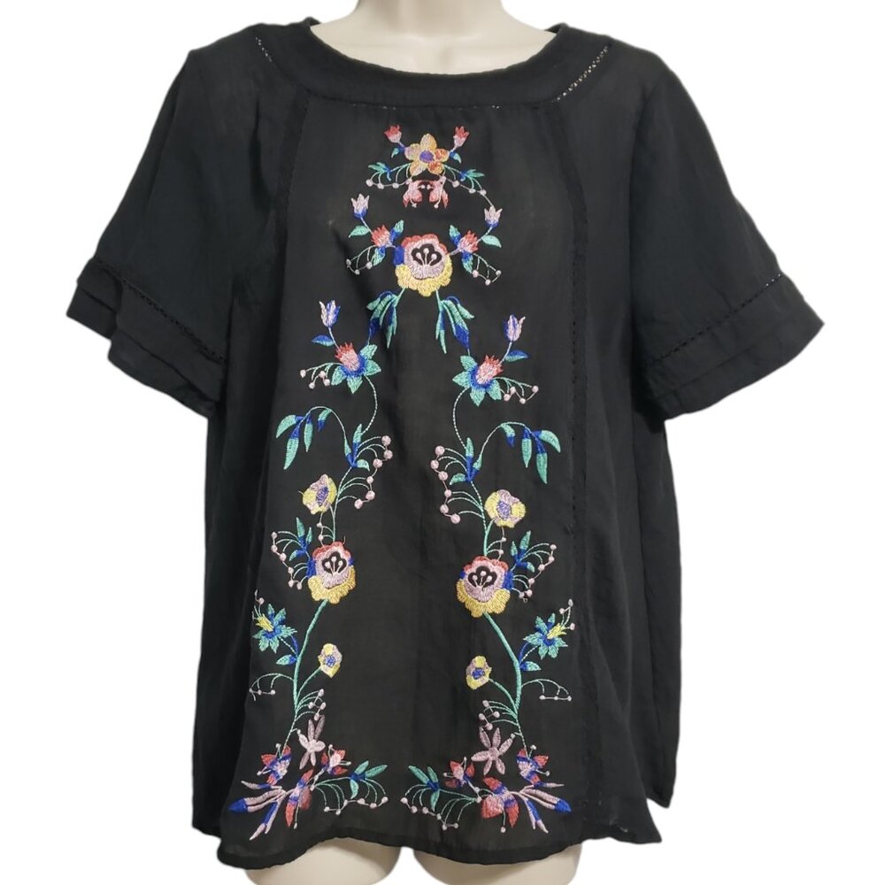 UMGEE Embroidered Blouse Women’s M Floral Short Sleeve Boho Hippie Witchy Top